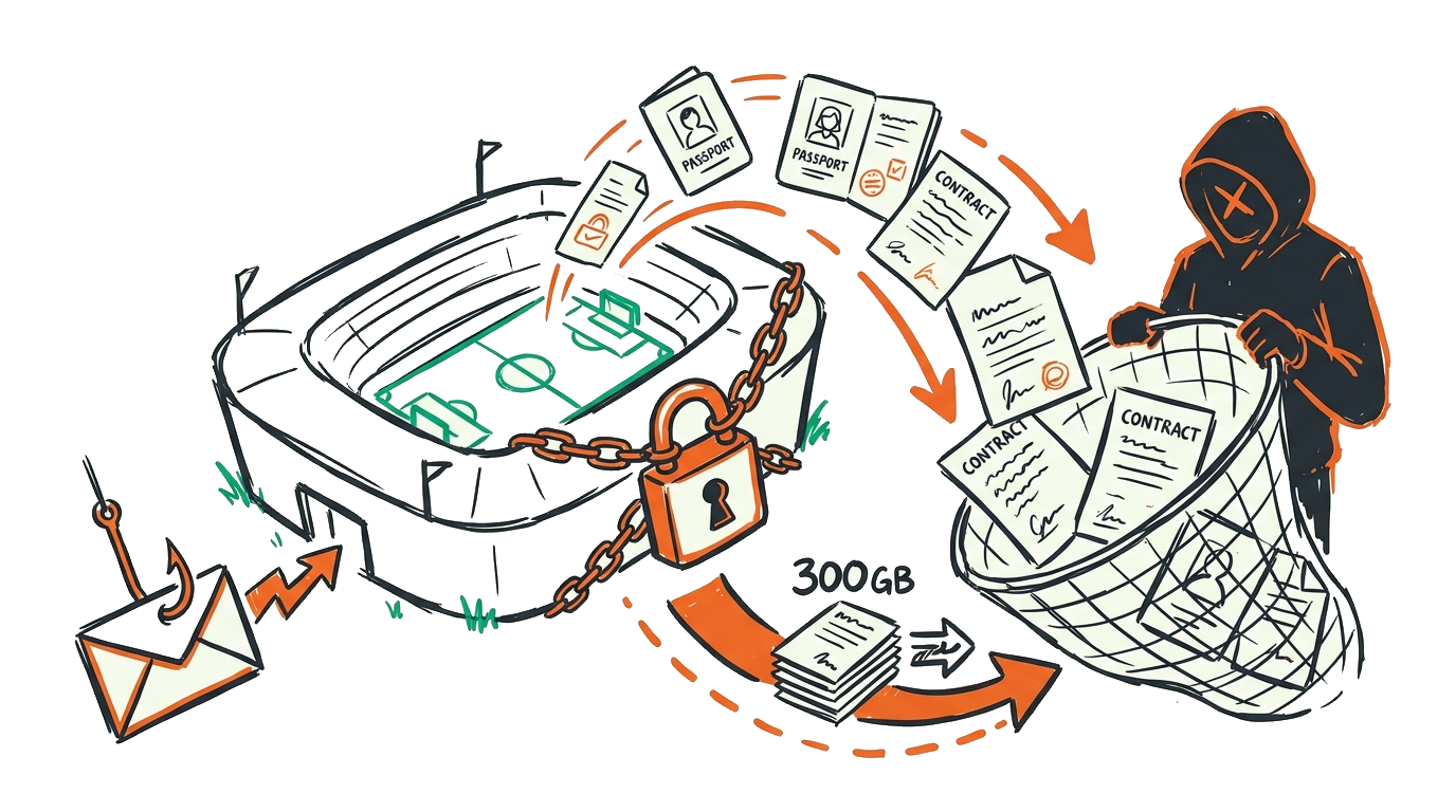 Abstracte illustratie van KNVB ransomware aanval: voetbal/soccer thema met data diefstal - voetbal of stadion silhouet met documenten (paspoort iconen, contract papieren) wegstromend en gevangen door hacker figuur of net, phishing email envelop als entry point, hangslot/ransomware lock symbool, data flow lijnen die 300GB diefstal tonen