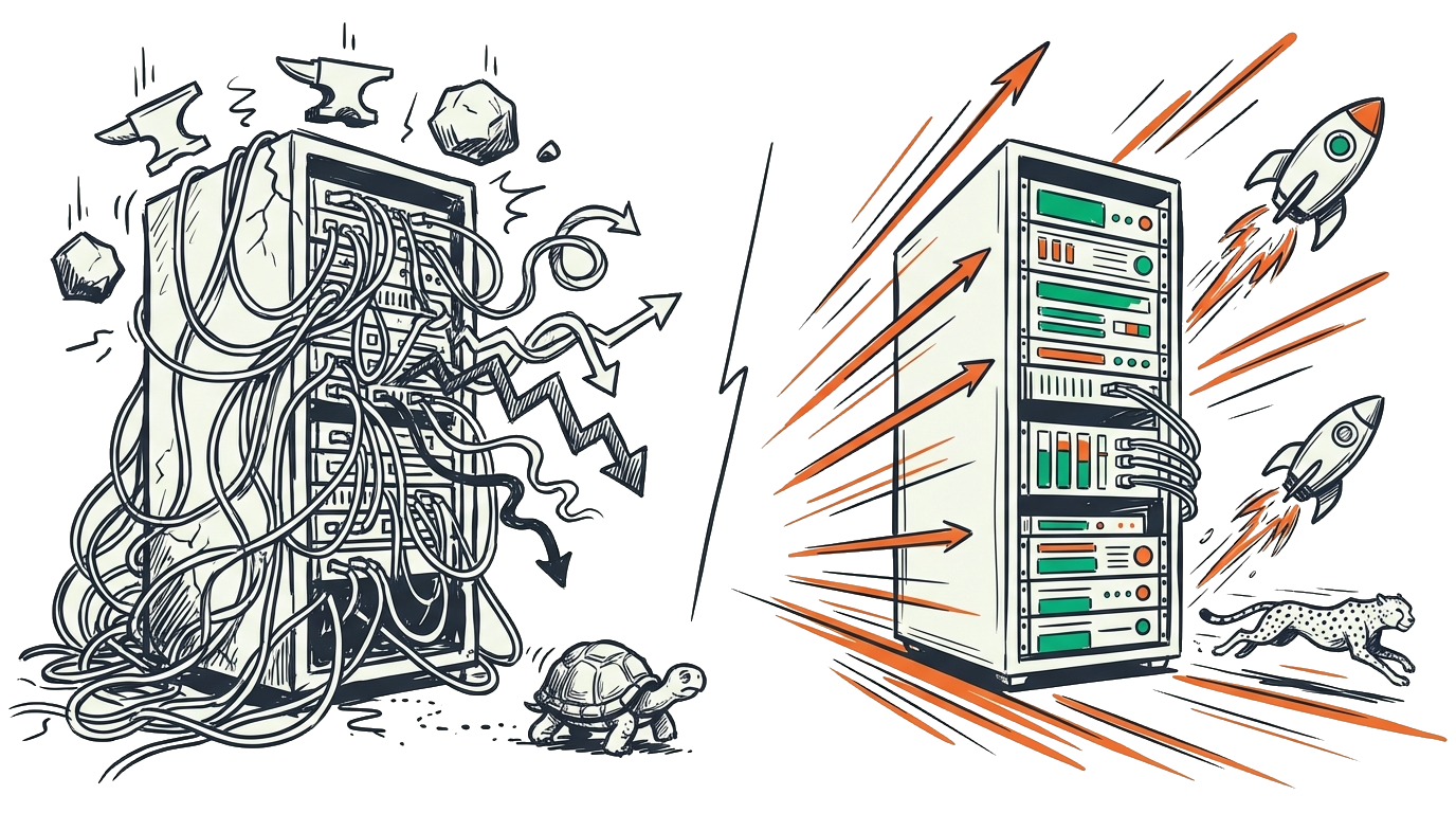 LiteSpeed vs Apache WordPress vergelijking: gesplitst scherm toont twee race auto's/servers, linkerzijde Apache server gelabeld 'APACHE' getoond als oudere betrouwbare maar trage voertuig (schildpad vastgemaakt, snelheidsmeter toont 245 req/sec, TTFB 680ms in rood), rechterzijde LiteSpeed server gelabeld 'LITESPEED' getoond als moderne snelle race voertuig (raket boosters, snelheidsmeter toont 2100 req/sec, TTFB 45ms in groen), centrale versus 'VS' badge scheidt ze, WordPress logo prominent in centrum, performance metrics weergegeven: '3x SNELLER LADEN', '15x SNELLER TTFB', '70% MINDER GEHEUGEN', geblokte race vlag zwaait voor LiteSpeed winnaar, server architectuur iconen tonen Apache met traditionele stack vs LiteSpeed met geoptimaliseerde cache laag, snelheid vergelijkings balken (Apache 1.8s laadtijd in rood/oranje, LiteSpeed 0.6s in groen), Core Web Vitals badges (LCP, FID, CLS) met groene vinkjes voor LiteSpeed, RAM gebruik visualisatie (Apache 1.2GB zwaar gewicht, LiteSpeed 340MB lichtgewicht), LSCache plugin icoon ge&iuml;ntegreerd met LiteSpeed zijde, dramatisch snelheid verschil benadrukt door visuele metaforen, technisch maar toegankelijk esthetiek - visualiseert duidelijk performance voordeel van LiteSpeed over Apache voor WordPress hosting met concrete metrics toont 3x-15x verbeteringen