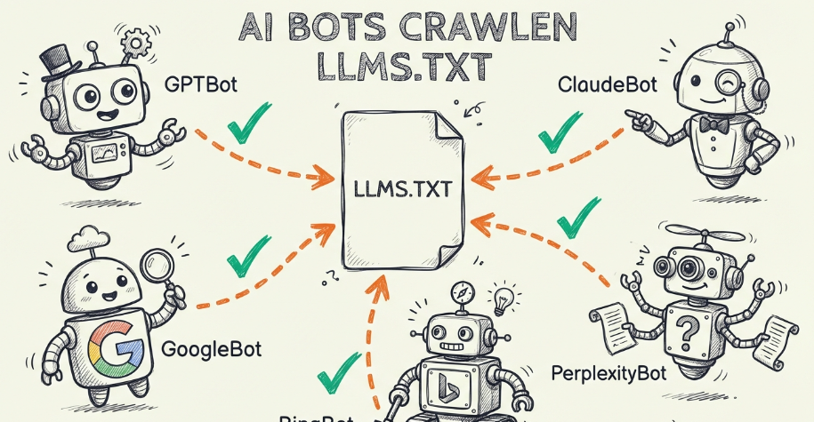 Visualisatie van AI bots (GPTBot, ClaudeBot, PerplexityBot) die actief LLMS.txt bestanden crawlen met glowing verbindingslijnen en server logs