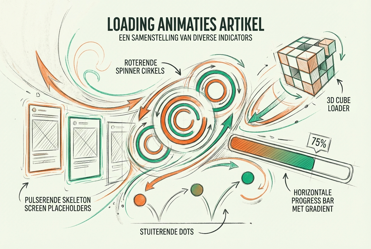 Abstracte illustratie van diverse CSS loading animaties: compositie met roterende spinners, stuiterende dots, progress bars met gradient flow, skeleton screen placeholders en 3D cube loaders - toont de verscheidenheid aan loading indicator types