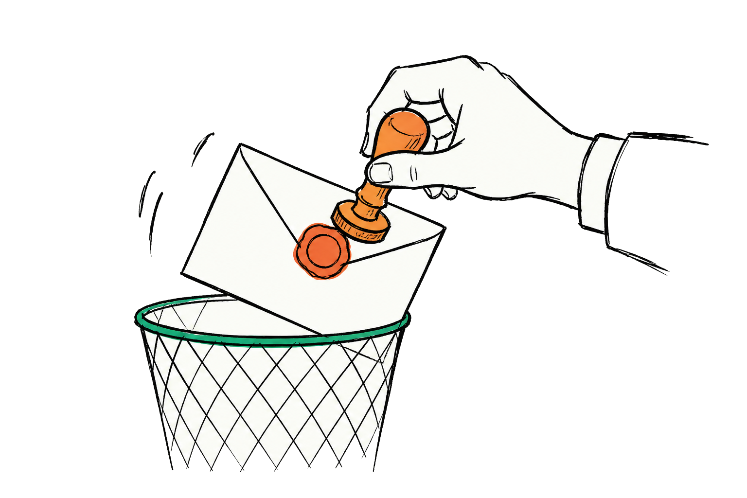 Hand drukt een oranje lakzegel op een envelop die bijna in de prullenbak valt