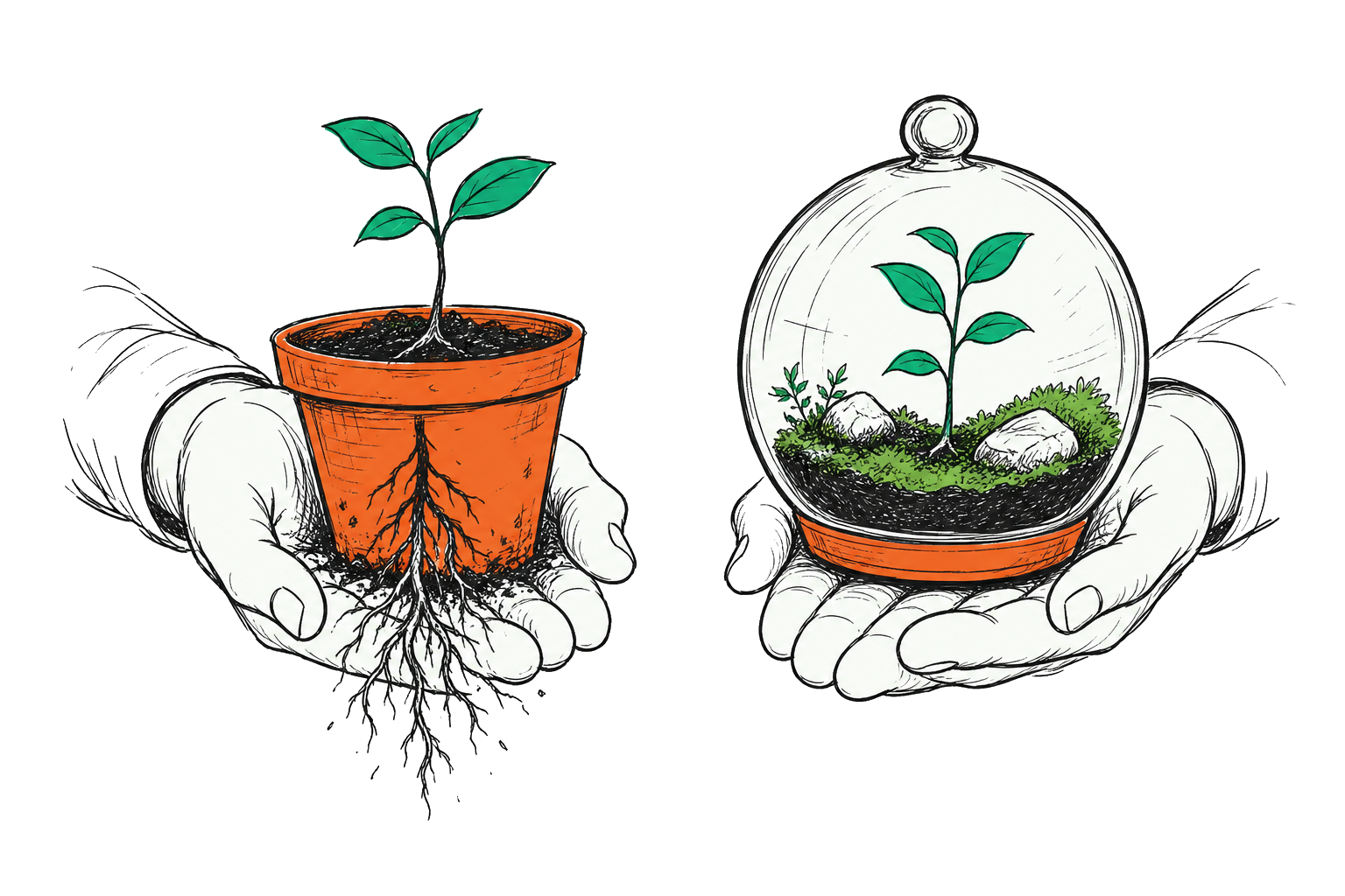 Twee handen met twee zaailingen: links blootgeworteld in een open pot, rechts opgesloten in een zelfvoorzienende glazen bol — kies de optie die bij jouw situatie past