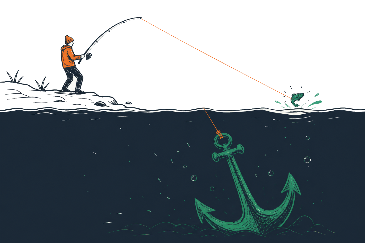 Visser haalt een kleine vis op maar trekt onder water een enorm anker omhoog — kleine zichtbare prijs, verborgen gewicht