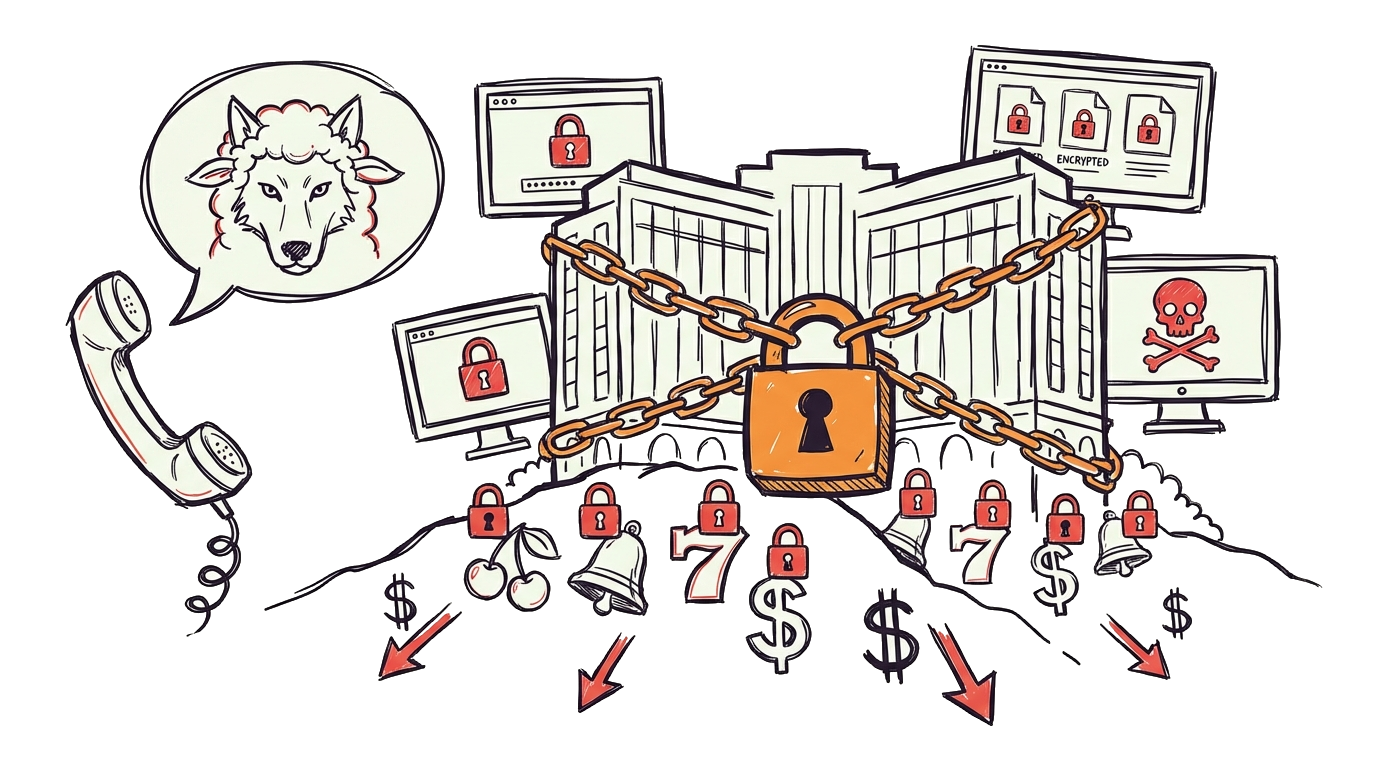 Abstracte illustratie van MGM Resorts ransomware aanval: centraal Las Vegas casino hotel gebouw met computer systemen op slot, prominente $100+ MILJOEN SCHADE tekst badge met rode alert, ransomware encryptie slot met digitale bestanden encrypted symbool, hotel room key cards werken niet (rode X), casino slots en systemen down met error schermen, 10 dagen downtime klok kalender, BlackCat ALPHV ransomware groep skull logo of code, IT systemen verlamd met rode circuit board, omzet verlies grafiek scherp dalend, gast boekingen geannuleerd, operationele chaos met confused gasten iconen, social engineering phishing email entry point - visualiseert catastrofale business impact van ransomware aanval op hospitality industrie