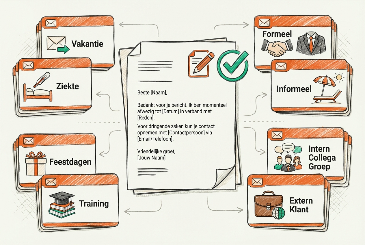 Abstracte illustratie van afwezigheidsbericht templates collectie: diverse template kaarten gestapeld met scenario labels (Vakantie, Ziekte, Feestdagen, Training, Formeel, Informeel), centraal groot template document met tekst regels en placeholder brackets, variatie in toon getoond met formeel pak icoon en informeel strand parasol, intern collega groep en extern klant briefcase, edit kopieer icoon en groen vinkje voor ready-to-use - visualiseert diversiteit en directe bruikbaarheid van 10 templates