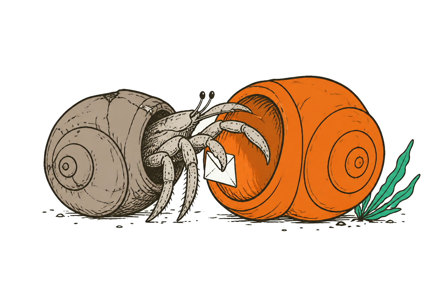 Heremietkreeft stapt over van een oude schelp naar een nieuwe schelp die al klaarstaat