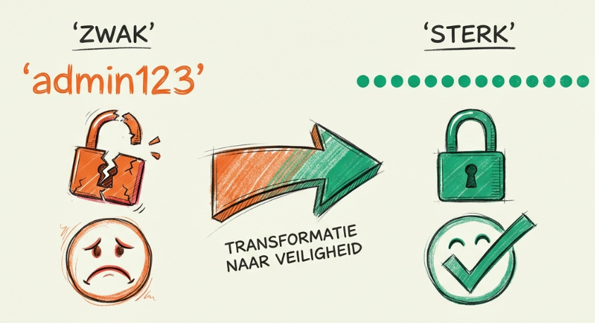 Vergelijking zwak versus sterk wachtwoord: links 'admin123' met gebroken slot en rode waarschuwing, rechts complex wachtwoord met groen slot - illustreert het belang van wachtwoordsterkte