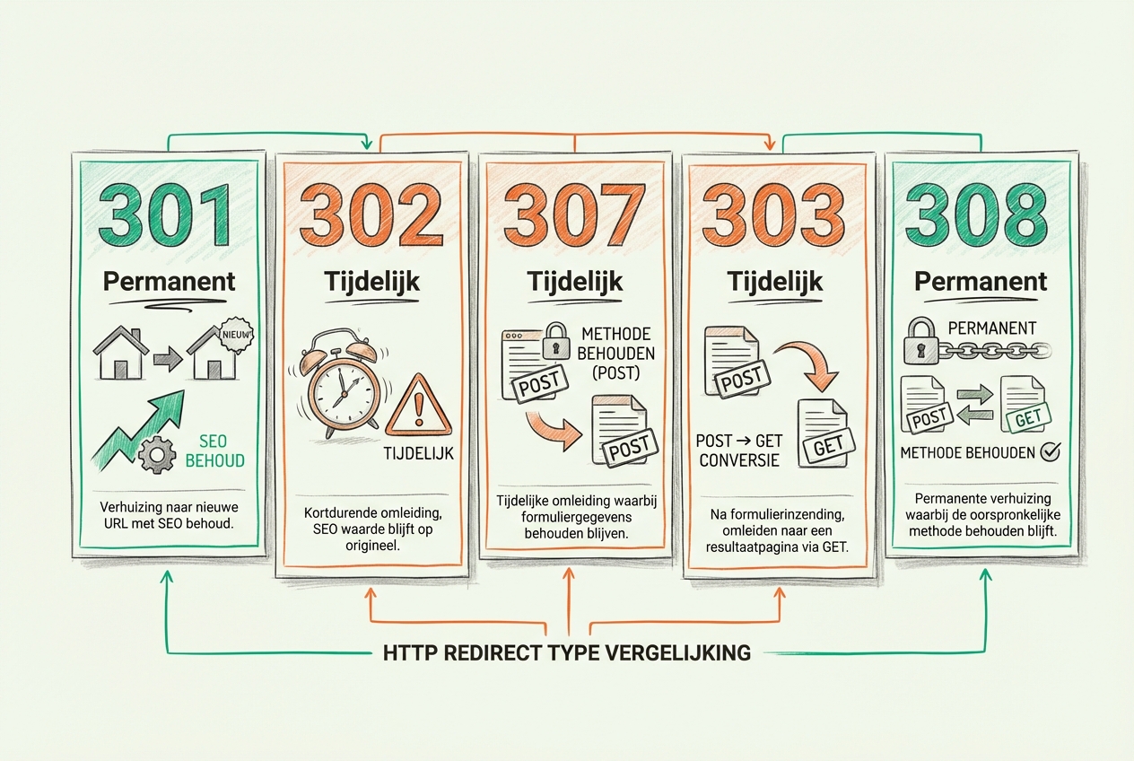Abstracte illustratie van HTTP redirect types vergelijking: horizontale rij met 5 status code kaarten - 301 permanent verhuizing met groene SEO pijl, 302 tijdelijk met oranje klok waarschuwing, 307 tijdelijk met preserved POST method icoon, 303 met POST naar GET conversie pijl, 308 permanent met lock en method preserved, elk met type label en gebruik scenario - visualiseert verschillen tussen 5 belangrijkste HTTP redirect status codes