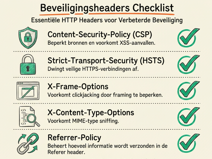 Security headers checklist: Content-Security-Policy (CSP), Strict-Transport-Security (HSTS), X-Frame-Options, X-Content-Type-Options, Referrer-Policy - essenti&euml;le HTTP security headers met iconen