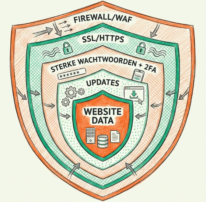 Security layers diagram met concentrische cirkels: buitenste laag Firewall/WAF, tweede laag SSL/HTTPS, derde laag sterke wachtwoorden en 2FA, vierde laag updates, kern website data - illustreert defense in depth principe