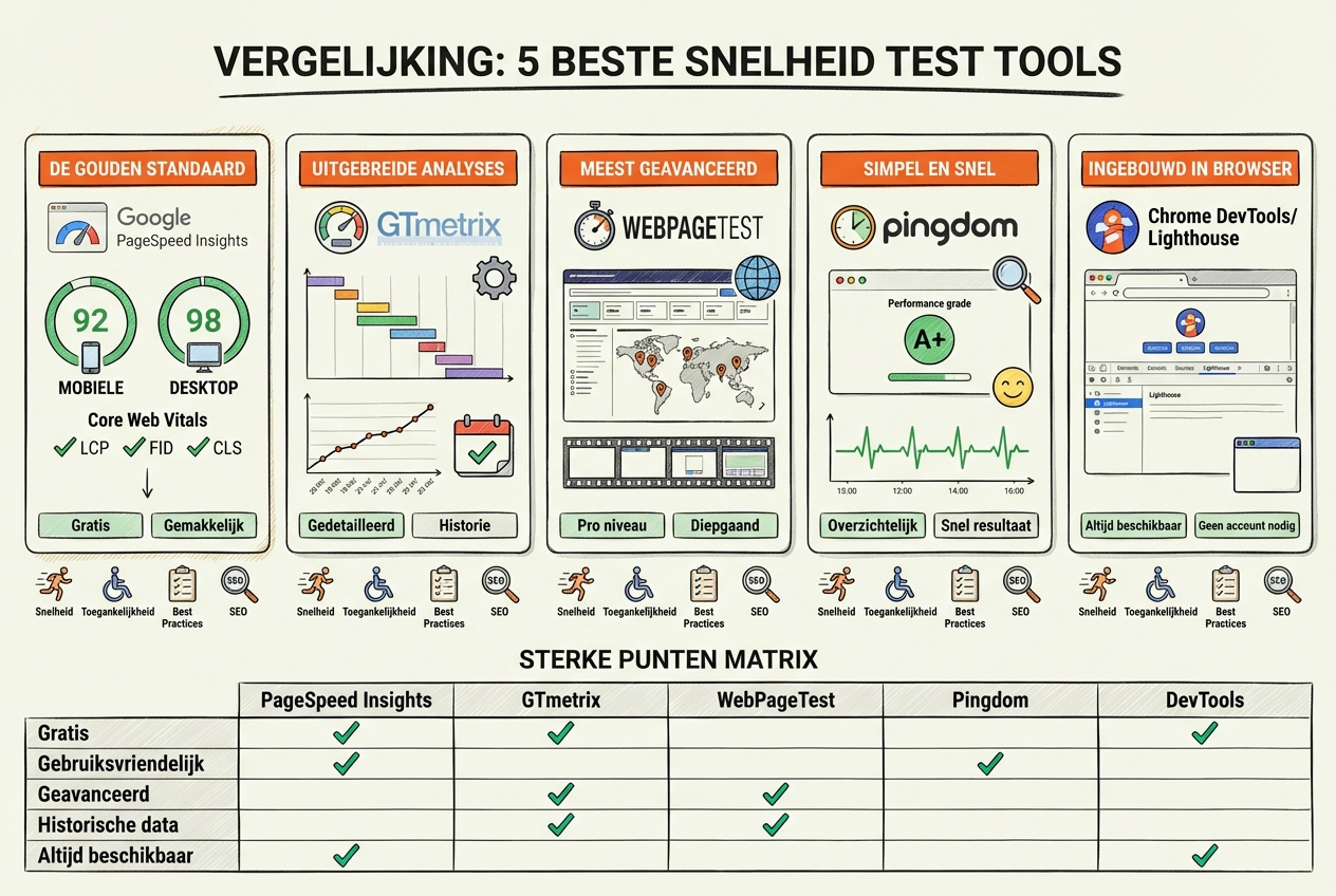 Website snelheid test tools vergelijking overzicht: 5 onderscheidende tool kaarten georganiseerd in professionele layout, elke kaart toont tool icoon/logo representatie, 1. Google PageSpeed Insights kaart prominent gelabeld 'DE GOUDEN STANDAARD' met Google kleuren accent, toont mobiele en desktop score meters, Core Web Vitals vinkjes, gelabeld als 'Gratis' en 'Gemakkelijk', 2. GTmetrix kaart gelabeld 'UITGEBREIDE ANALYSES' met waterfall chart visualisatie, historische performance grafiek stijgende trend, tracking kalender icoon, gelabeld 'Gedetailleerd' en 'Historie', 3. WebPageTest kaart gelabeld 'MEEST GEAVANCEERD' met complexe interface preview, meerdere test locatie pins op wereldkaart, filmstrip weergave van pagina laad fases, gelabeld 'Pro niveau' en 'Diepgaand', 4. Pingdom kaart gelabeld 'SIMPEL EN SNEL' met clean minimalistische interface, enkele performance grade A+, uptime monitoring hartslag lijn, gelabeld 'Overzichtelijk' en 'Snel resultaat', 5. Chrome DevTools/Lighthouse kaart gelabeld 'INGEBOUWD IN BROWSER' met browser icoon, toont ingebouwd in Chrome, geen externe tool nodig, gelabeld 'Altijd beschikbaar' en 'Geen account nodig', elke kaart heeft key metrics iconen (snelheid, toegankelijkheid, best practices, SEO), vergelijkings matrix toont sterke punten met groene vinkjes (gratis, gebruiksvriendelijk, geavanceerd, historische data, altijd beschikbaar), centrale titel 'VERGELIJKING: 5 BESTE SNELHEID TEST TOOLS', professionele tool vergelijkings layout - visualiseert uitgebreid overzicht helpt gebruikers juiste snelheid test tool kiezen voor hun behoeften