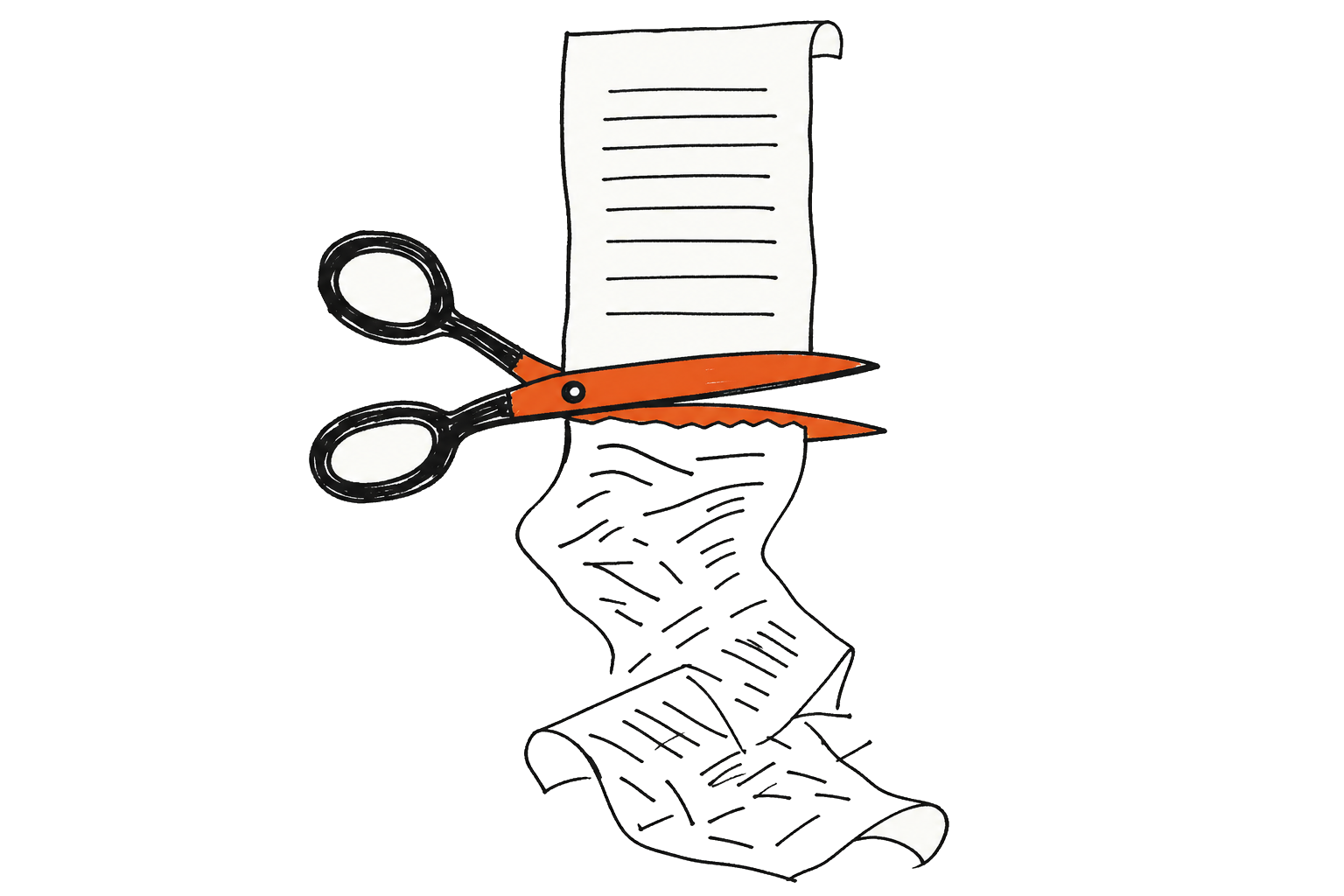 Schaar knipt een documentscroll doormidden &mdash; het onderste deel valt weg en wordt niet verwerkt