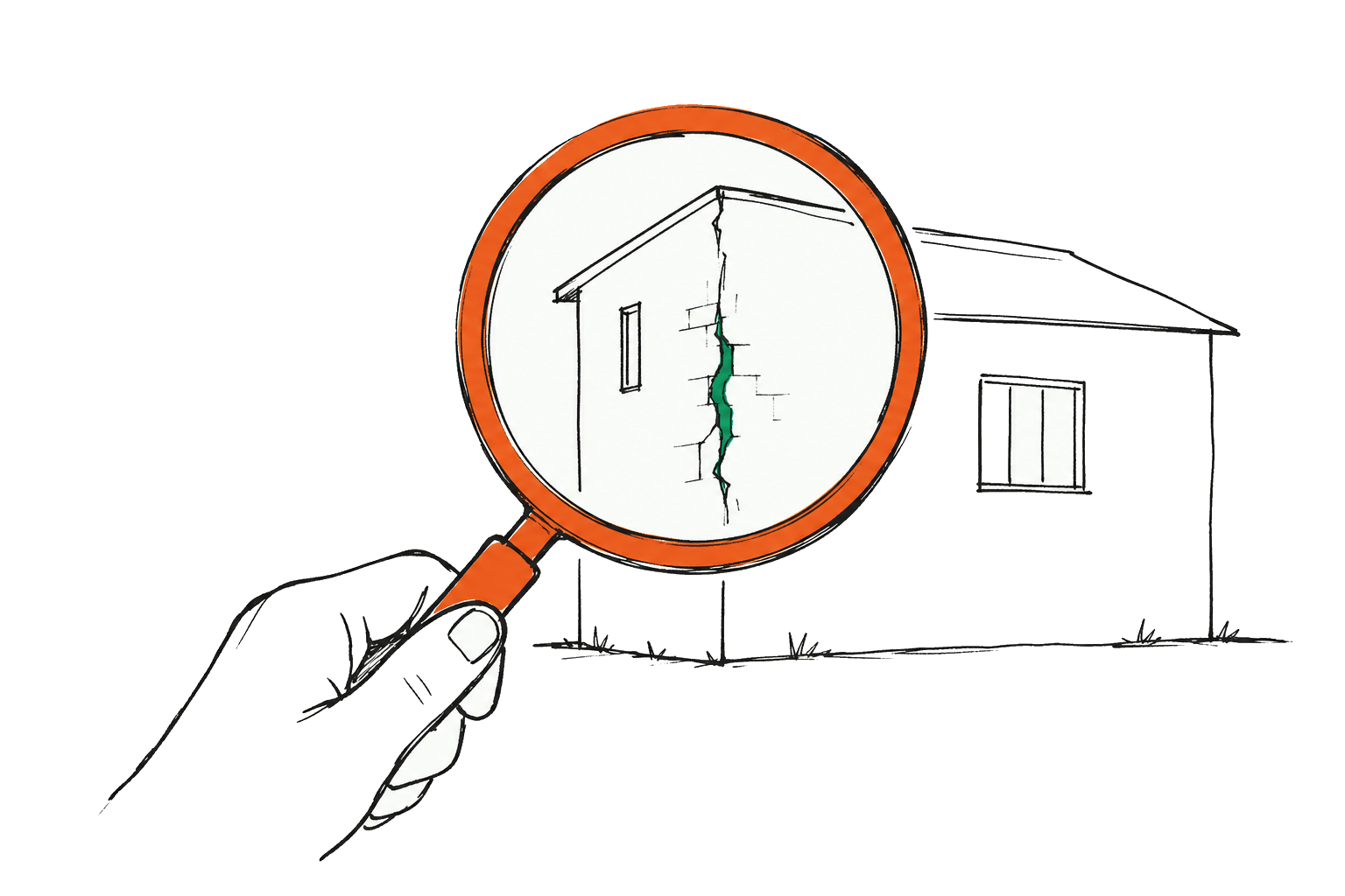 Hand met vergrootglas boven een klein huis &mdash; het juiste gereedschap maakt verborgen technische problemen zichtbaar