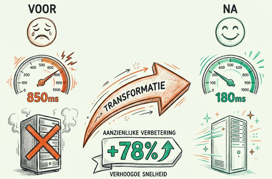 TTFB voor en na optimalisatie vergelijking: links 'VOOR' met rode stopwatch 850ms en vertraagde server met ontevreden gezicht, rechts 'NA' met groene stopwatch 180ms en snelle server met blij gezicht - toont +76.9% verbetering en 'SIGNIFICATE SNELHEIDSWINST' badge