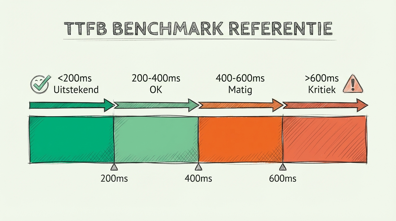 TTFB benchmark referentie diagram: horizontale speedometer met kleurgecodeerde zones - groen uitstekend (<200ms), lichtgroen ok (200-400ms), oranje matig (400-600ms), rood kritiek (>600ms) - toont acceptabele TTFB bereiken
