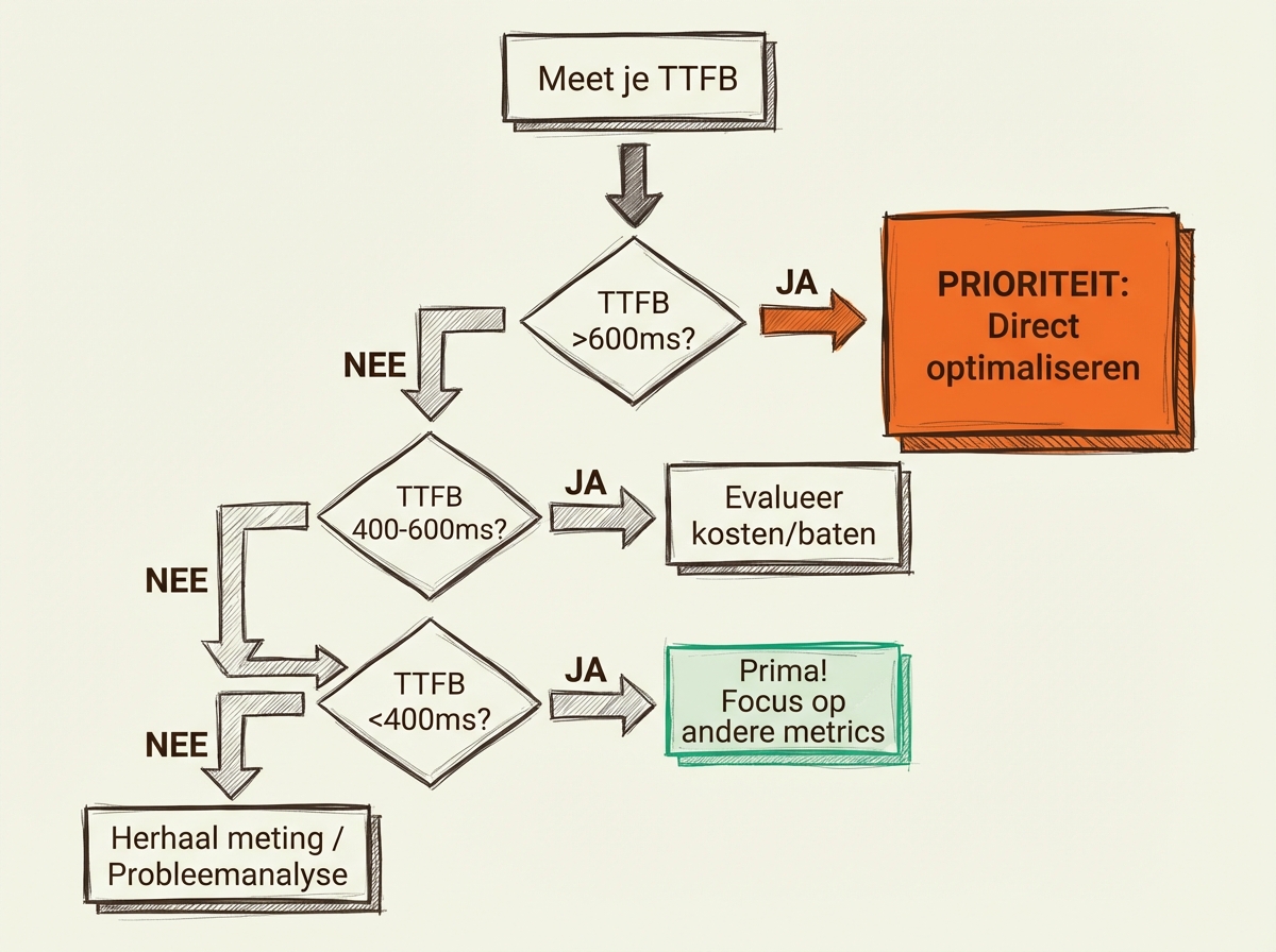 TTFB optimalisatie beslisboom flowchart: diamant-vormige beslispunten met paden naar 'PRIORITEIT: Direct optimaliseren', 'Evalueer kosten/baten', en 'Primair: verbeter andere metrics' - helpt bepalen wanneer TTFB optimalisatie nodig is