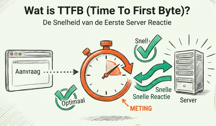 Abstracte illustratie van Time To First Byte concept: browser en server communicatie met zandloper en netwerk verbindingen - symboliseert de tijd tussen verzoek en eerste byte respons