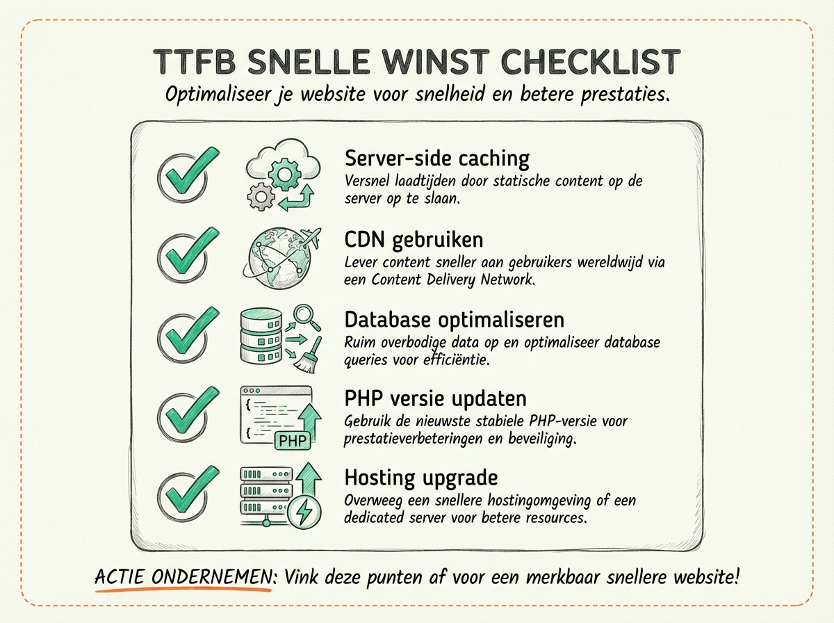 TTFB snelle winst checklist: vijf vakjes met vinkjes - Server-side caching (cache statische content), CDN gebruiken (wereldwijd verdelen), Database optimaliseren (queries en indices), PHP versie updaten (8.3 performance), Hosting upgrade (snellere server) - actiegerichte optimalisatie tips