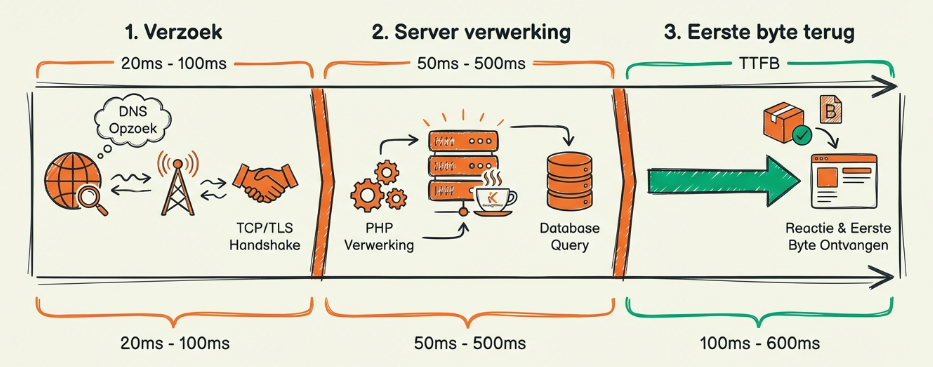 TTFB tijdlijn breakdown diagram: drie fasen getoond als horizontale balken - Request tijd (DNS, TCP, TLS), Server verwerking (database, PHP, HTML), en Response tijd - visuele uitleg van TTFB componenten