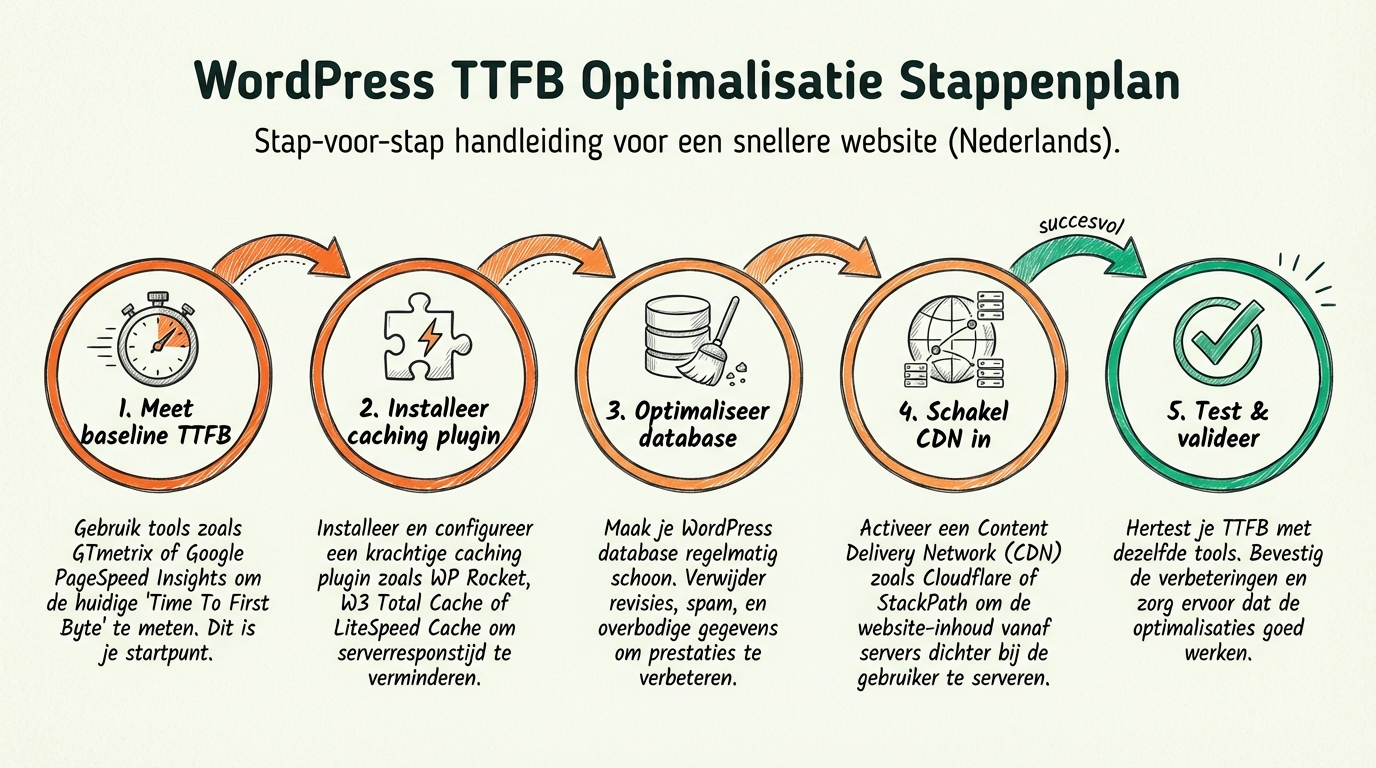 WordPress TTFB optimalisatie stappenplan: vijf genummerde stappen in flow diagram - Stap 1: Analyseer en identificeer trage queries (Query Monitor), Stap 2: Implementeer object cache (Redis/Memcached), Stap 3: Ruim op transients en revisies, Stap 4: Activeer en TTFB test uitvoeren, Stap 5: Resultaat in TTFB en performance en onderhoudsplan opstellen