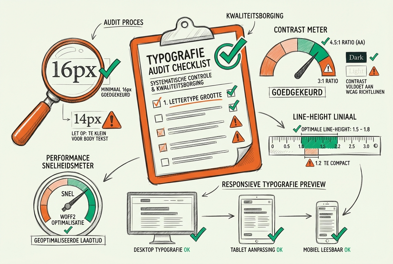 Abstracte illustratie van typography audit proces: centraal clipboard met checklist icoon, omringd door audit elementen - vergrootglas inspecteert 16px font size, contrast meter toont 4.5:1 ratio met kleurblokjes, line-height liniaal met 1.5-1.8 markering, WOFF2 performance indicator, responsive device frames met typography preview, groene vinkjes bij goedgekeurde items en oranje alerts bij aandachtspunten - visualiseert systematische typography quality control