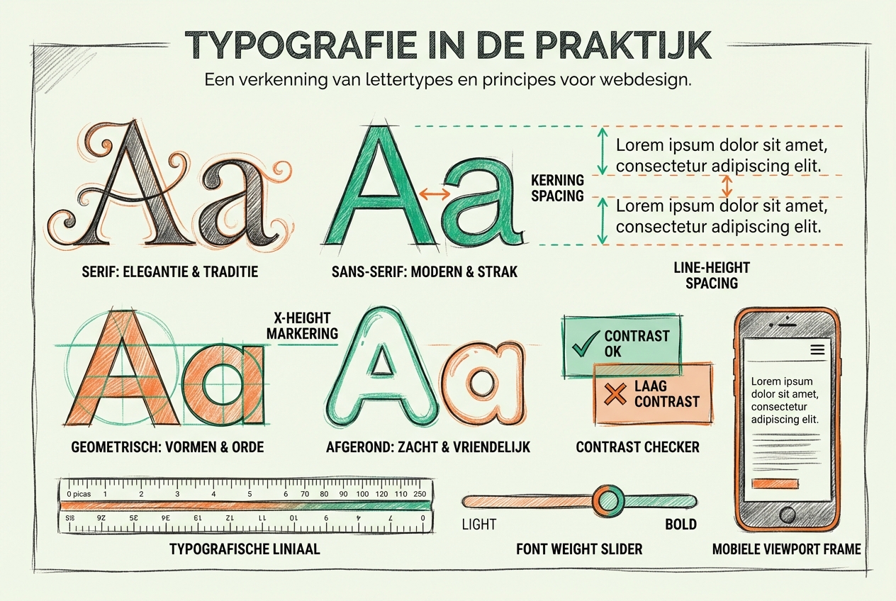 Abstracte illustratie van website typografie concepten: compositie met diverse lettertype voorbeelden (serif Aa met elegante krullen, sans-serif Aa met strakke lijnen, geometric Aa, rounded Aa), typografische principes zoals line-height lijnen, kerning spacing pijlen, x-height markering, contrast checker, font weight slider van light tot bold - toont de diversiteit van fonts en typografische design elementen