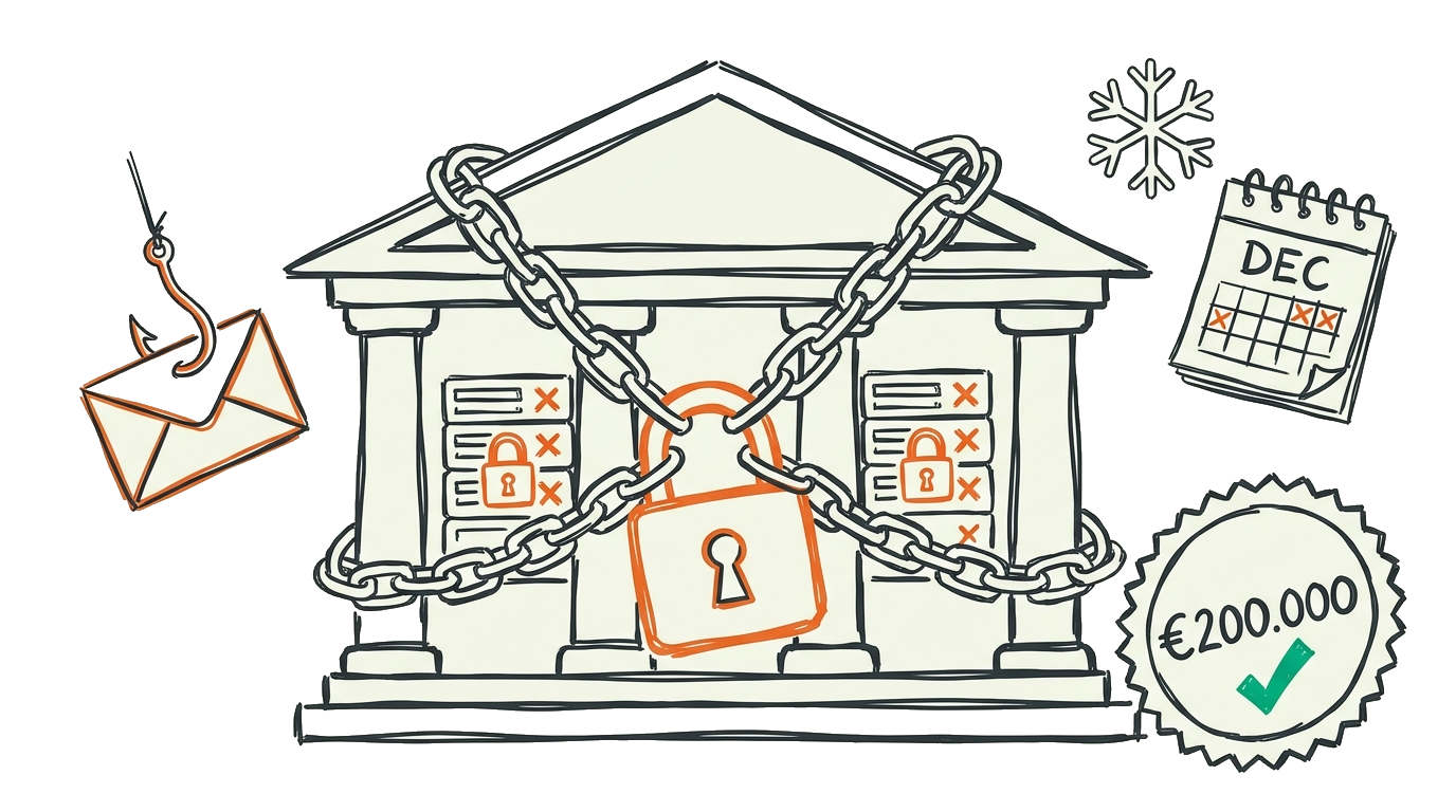 Abstracte illustratie van Universiteit Maastricht ransomware aanval: universitair gebouw met kolommen omwikkeld door kettingen en hangslot, server racks binnenin met encrypted/vergrendelde symbolen, phishing email envelop met haak als entry point, december/kerst timing element, &euro;200.000 losgeld indicator