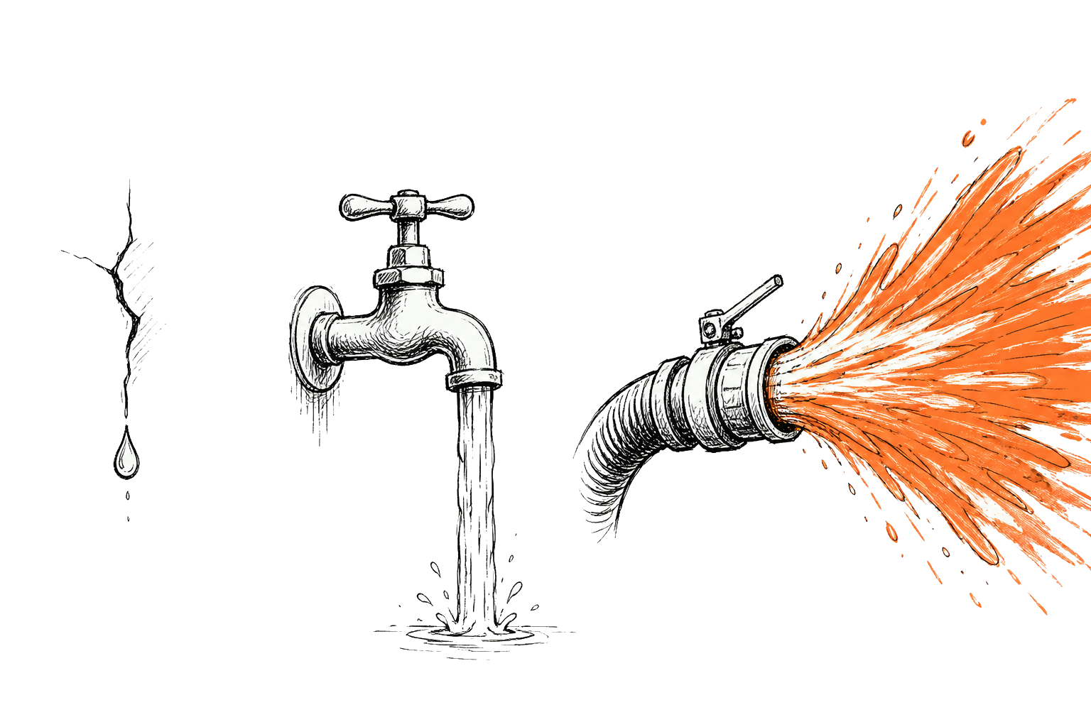 Drie waterbronnen van links naar rechts: een druppel, een kraantje en een brandslang — drie ordes van grootte meer doorvoer