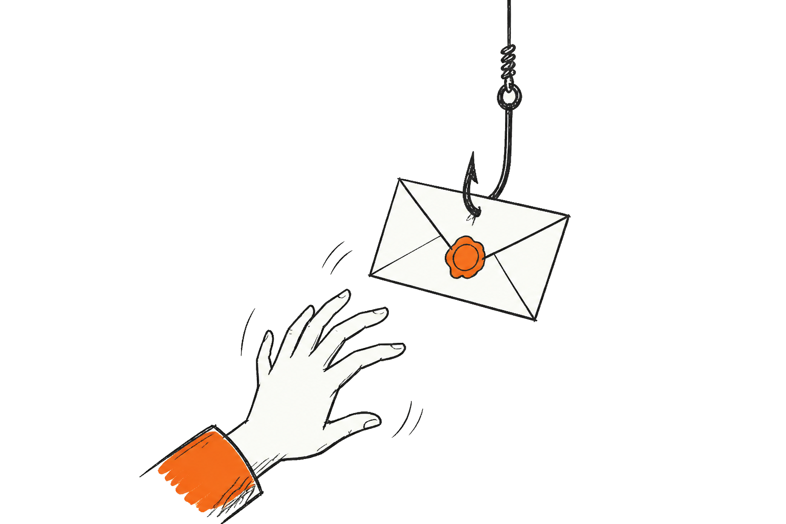 Een hand trekt zich terug van een vishaak met een verzegelde envelop als aas