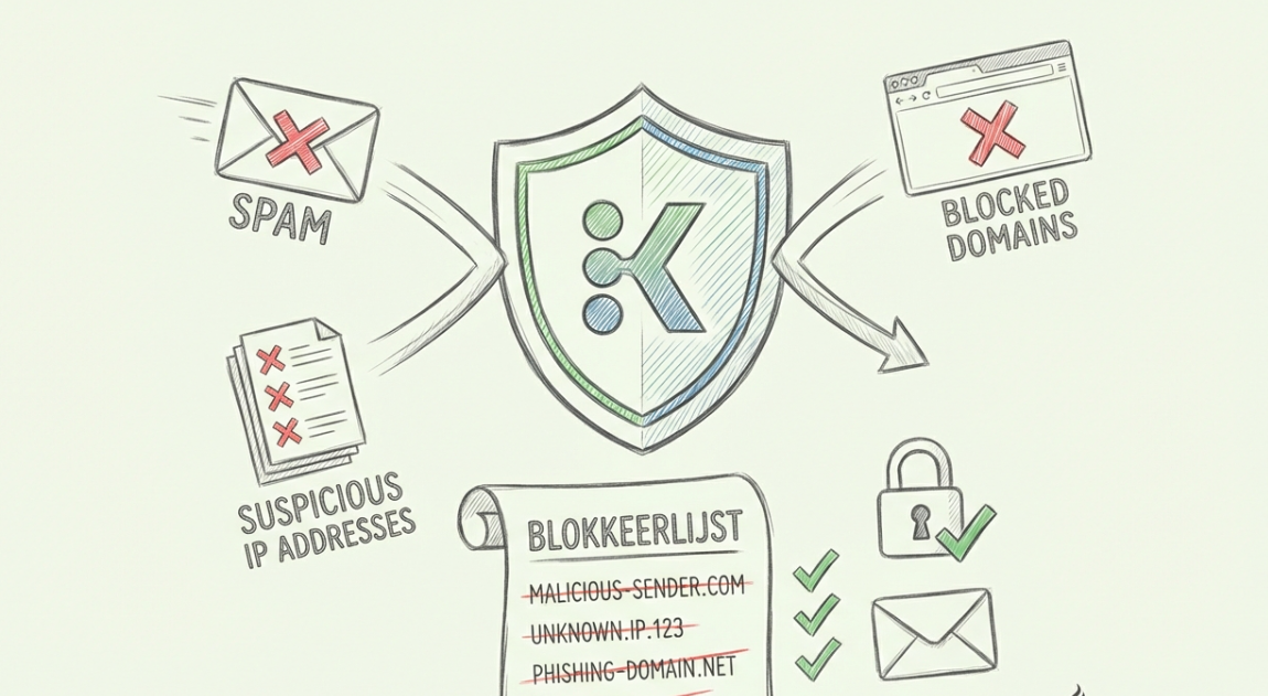 Blacklisting concept: een schild dat spam emails en verdachte IP-adressen blokkeert met een blokkeerlijst