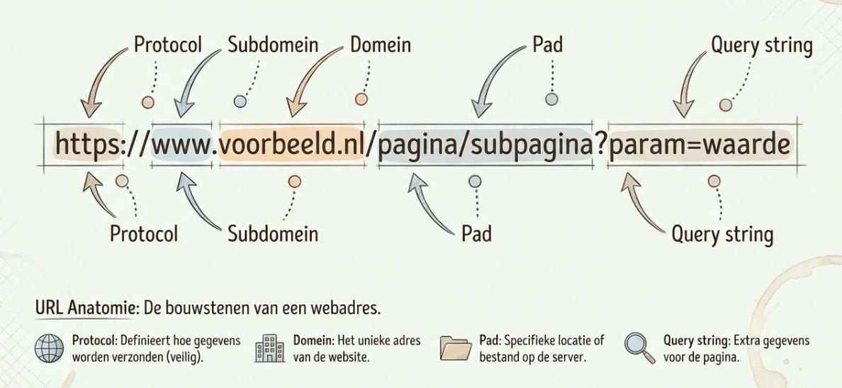 URL anatomie diagram: de verschillende onderdelen van een webadres uitgelegd met protocol, domein, pad en query string