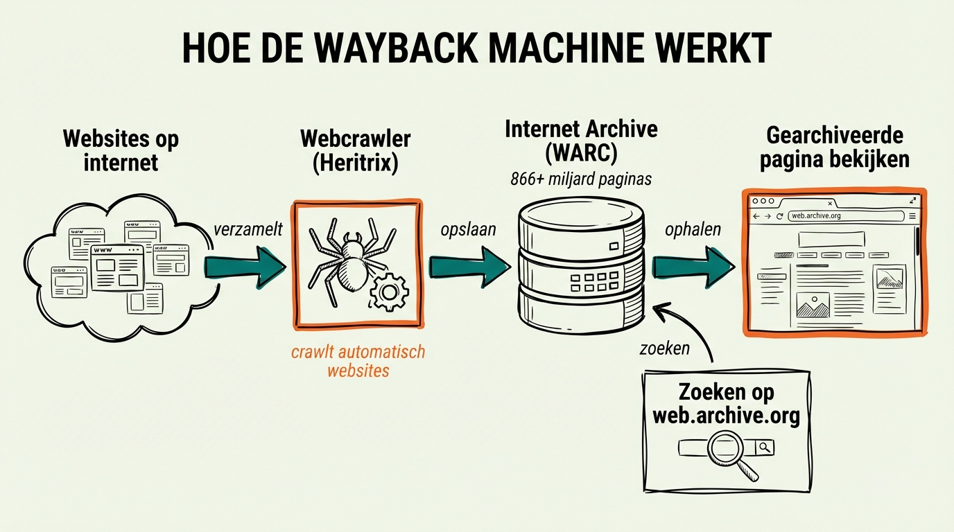 Technisch diagram dat toont hoe de Wayback Machine werkt: webcrawler verzamelt pagina's, slaat ze op in het archief, en haalt ze op wanneer je zoekt