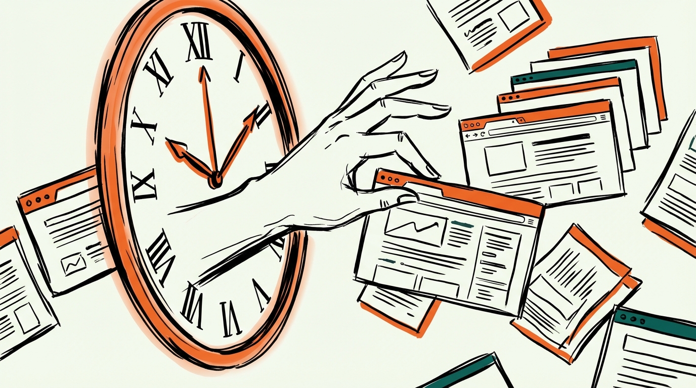 Conceptuele illustratie van de Wayback Machine - een hand die door de tijd reikt om webpagina's te herstellen