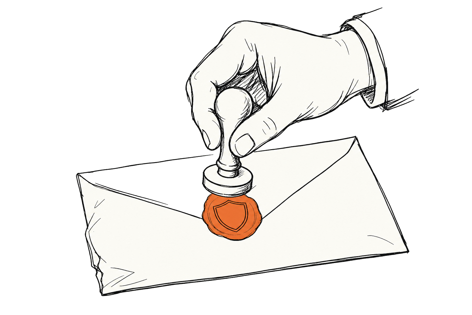 Een hand die een officieel zegel drukt op een open envelop — verificatie als handeling