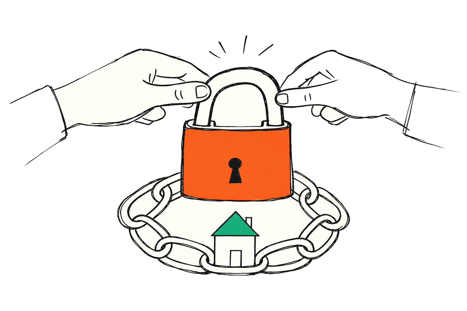Twee handen sluiten een slot op een ketting rond een huis &mdash; vijf lagen digitale bescherming