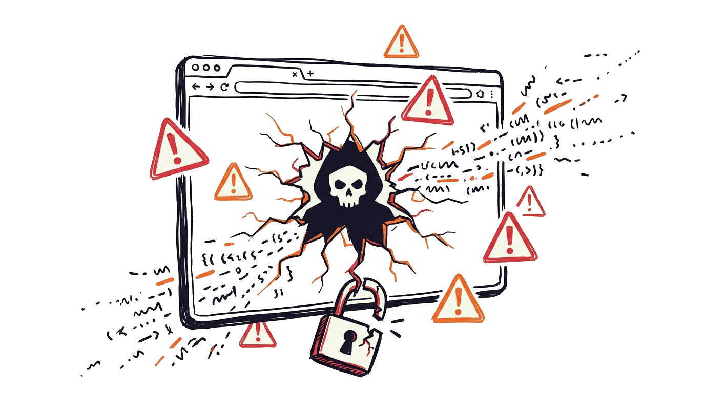 Dramatische abstracte illustratie van website cyberaanval: centraal website browser venster wordt doorbroken met rode alert waarschuwingen en skull hacker icoon, malicious code injectie getoond met rode script lijnen infiltrerend, gebroken hangslot security breach, waarschuwing driehoeken en gevaar symbolen, stopwatch toont 39 seconden timing, horror thema met donkere omineuze elementen contrasterend cream achtergrond, meerdere aanval vectoren (ransomware encrypted bestanden, data lek met klant info wegstromend, SQL injectie, malware code), financi&euml;le schade indicatoren &pound;20M $100M badges - visualiseert ernstige gevolgen van website hacking met urgentie