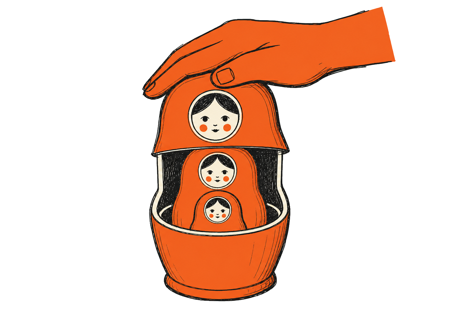 gelaagde verdediging als geneste poppen: een hand sluit de buitenste matryoshka om binnenste lagen te beschermen