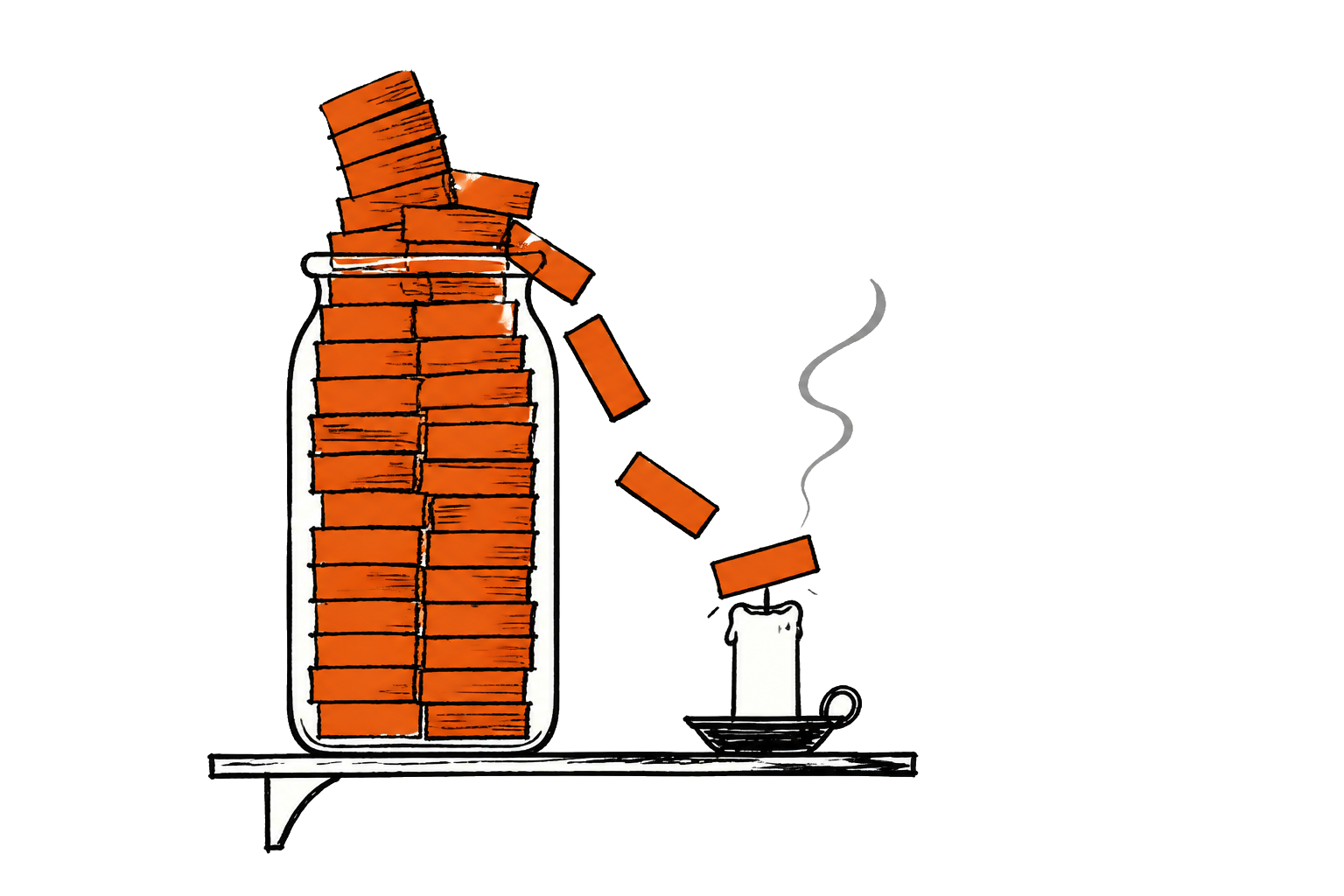 Illustratie van een overvolle pot met opgestapelde blokken die een kaars naast zich dooft