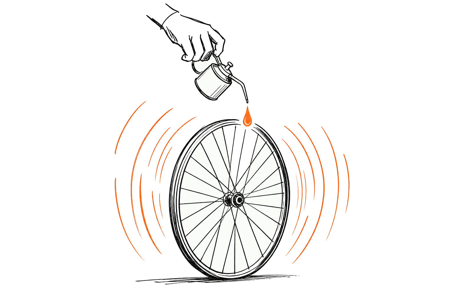 Hand met oliekan druppelt één druppel op een fietswiel dat daarna snel rondtolt