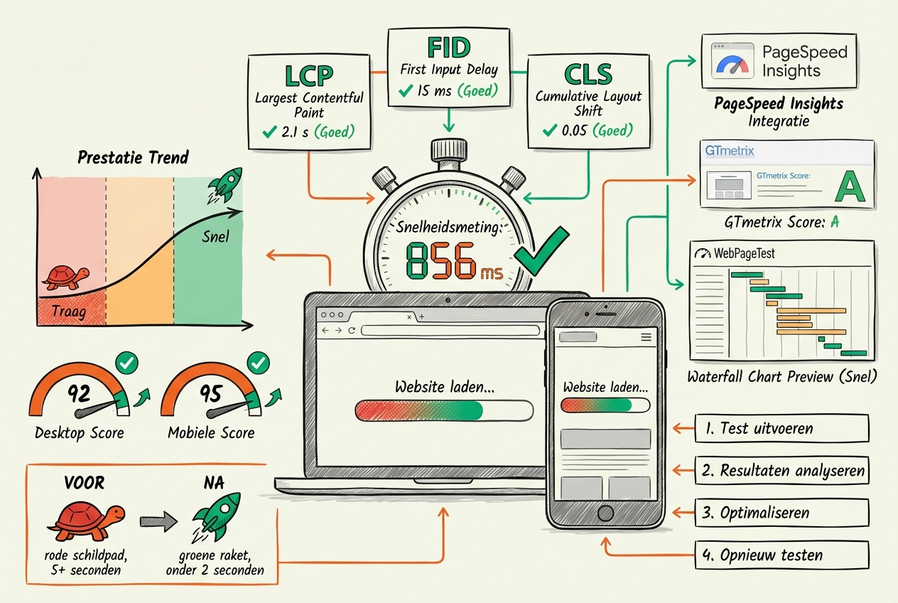 Website snelheid testen visualisatie: centrale stopwatch toont snelheidsmeting in milliseconden, laptop en smartphone schermen tonen gelijktijdig website performance tests, Core Web Vitals metrics prominent weergegeven (LCP Largest Contentful Paint, FID First Input Delay, CLS Cumulative Layout Shift) met groene vinkjes voor goede scores, performance grafiek trend van trage rode zone naar snelle groene zone toont verbetering, snelheid score meters van 0-100 met naald wijzend naar 90+ in groen, meerdere test tool interfaces zichtbaar (PageSpeed Insights logo, GTmetrix interface snippet, WebPageTest waterfall chart preview), laad balk transformeert van traag/rood naar snel/groen, genummerde checklist toont test stappen (1. Test uitvoeren, 2. Resultaten analyseren, 3. Optimaliseren, 4. Opnieuw testen), vergelijking toont voor staat (rode schildpad, 5+ seconden) versus na staat (groene raket, onder 2 seconden), mobile-first nadruk met telefoon scherm groter dan desktop, technisch maar toegankelijk esthetisch - visualiseert uitgebreid website snelheid testen als systematisch performance meetproces leidend tot snellere laadtijden en betere gebruikerservaring
