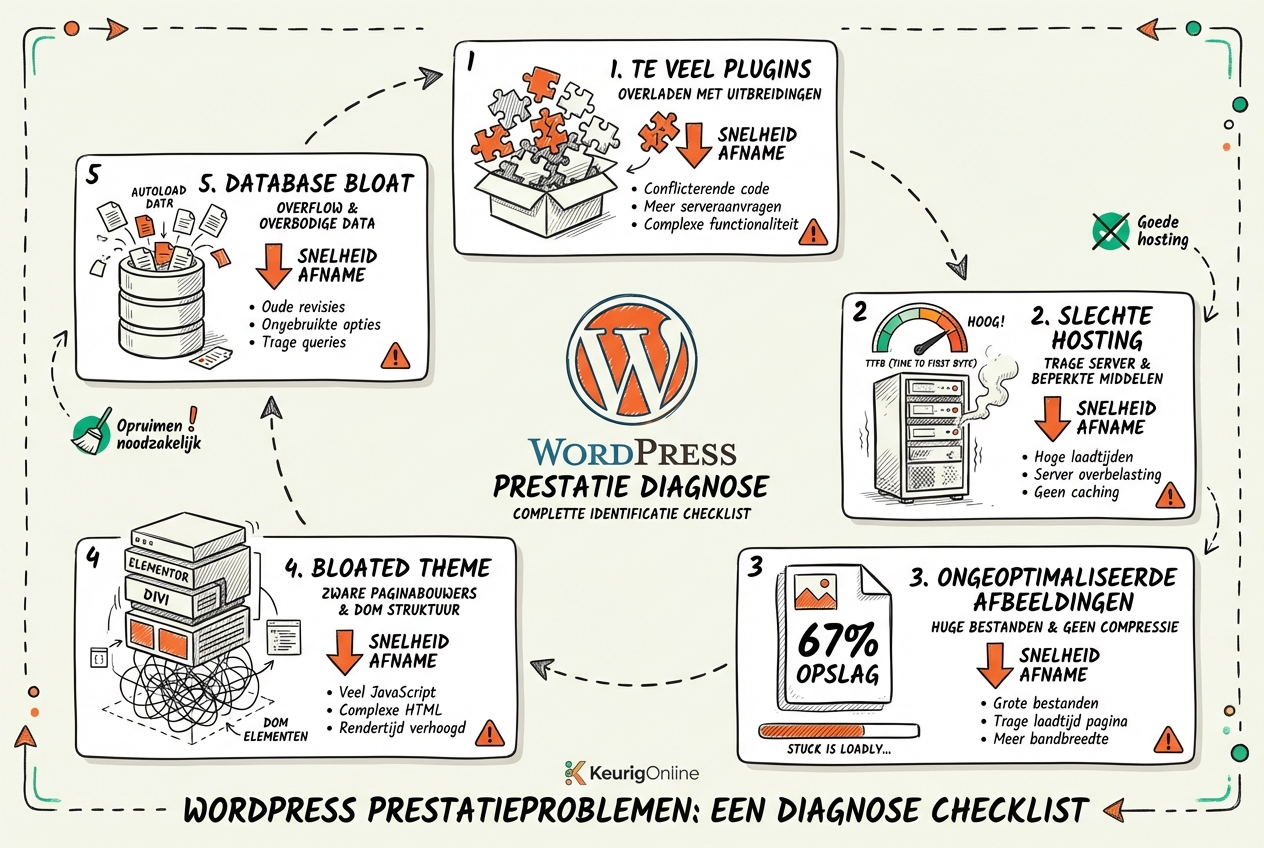 Abstracte infographic van 5 WordPress performance problemen als genummerde kaarten in grid layout: 1 TE VEEL PLUGINS met overbelaste puzzle pieces icoon, 2 SLECHTE HOSTING met trage server en TTFB indicator, 3 ONGEOPTIMALISEERDE AFBEELDINGEN met groot image file icoon 67 procent label, 4 BLOATED THEME met zware Elementor Divi blokken en DOM elementen, 5 DATABASE BLOAT met overflow database icoon en autoload data, elk genummerd 1 tot 5 duidelijk, centraal WordPress logo, elke reden heeft impact indicator met snelheid daling pijlen of waarschuwing iconen - visualiseert complete WordPress performance probleem identificatie checklist overzicht
