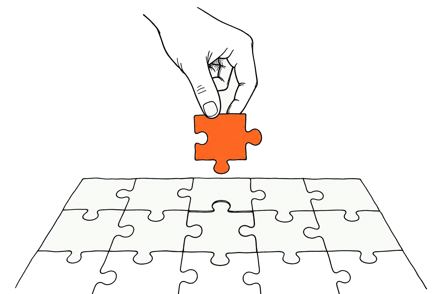 Een oranje puzzelstuk valt op zijn plek, metafoor voor het installeren van de plugin