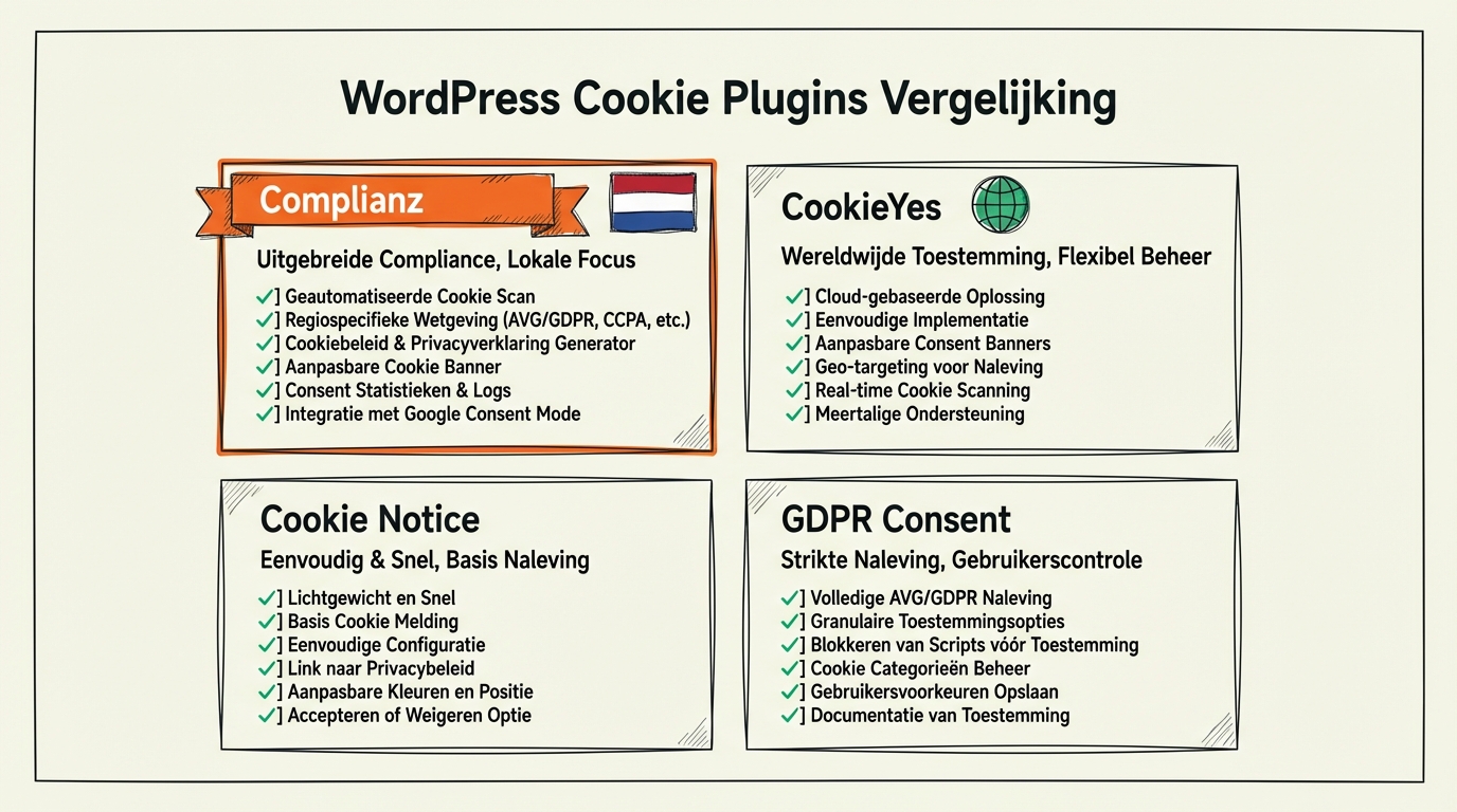 Vergelijking van WordPress cookie plugins: Complianz, CookieYes en Cookie Notice