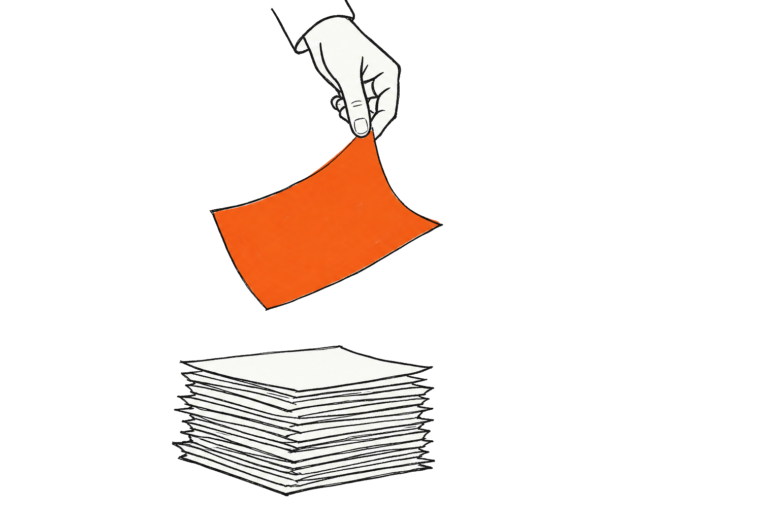 Een hand tilt één vel papier hoog boven een stapel uit — metafoor voor fetchpriority high die de hero-afbeelding voorrang geeft