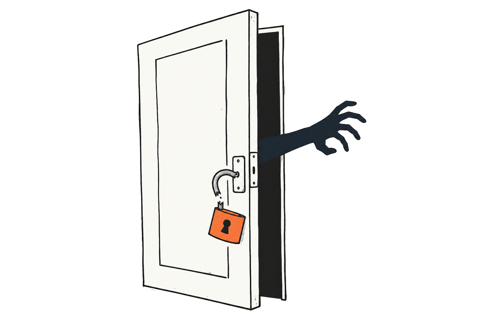 Openstaande deur met gekraakt hangslot en een hand die door de kier naar binnen grijpt