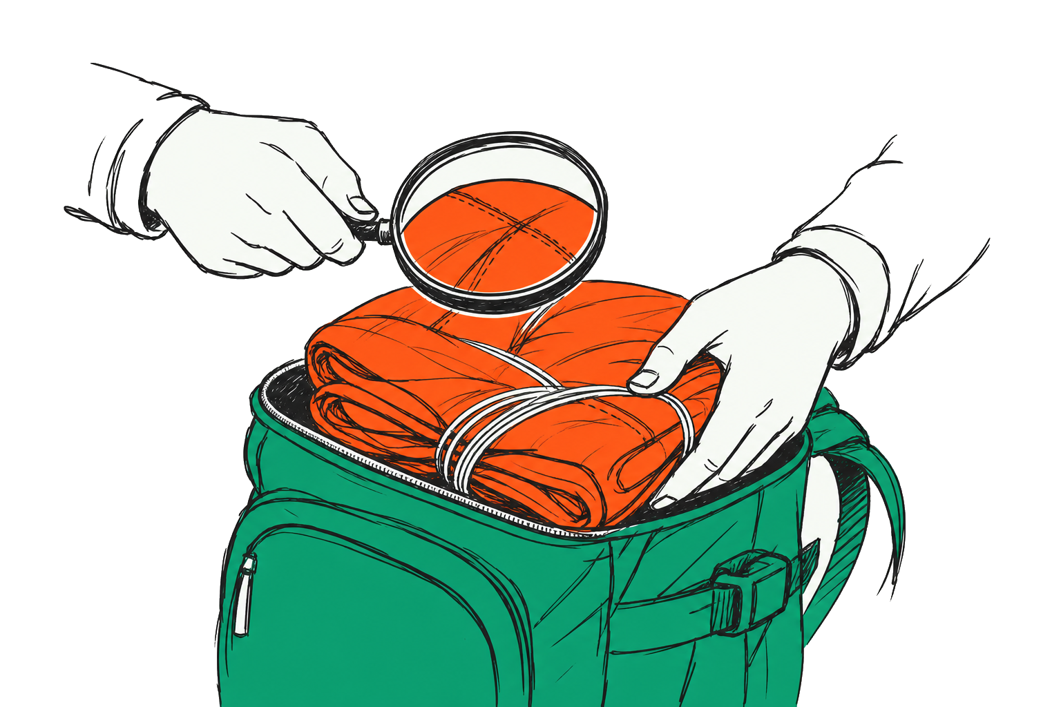 Handen inspecteren en pakken zorgvuldig een parachute voordat de sprong wordt gemaakt