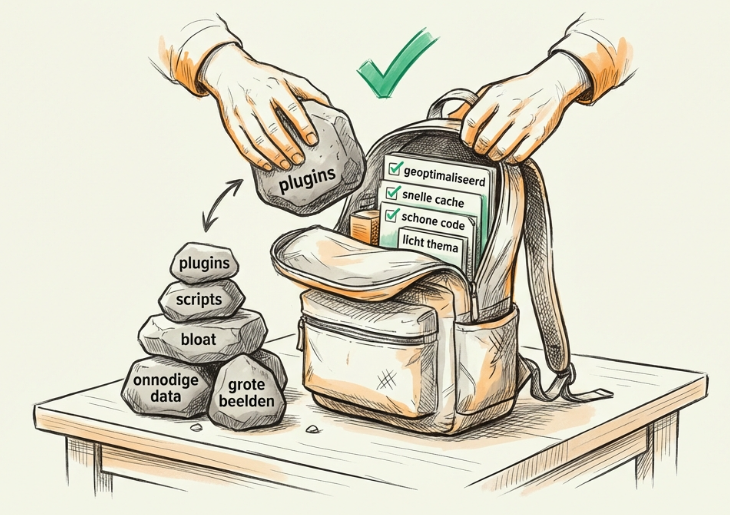 Abstracte illustratie van WordPress optimalisatie: handen die gewichten uit een rugzak verwijderen, symboliserend het verwijderen van onnodige bloat voor een snellere website