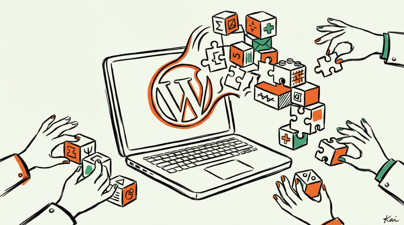 WordPress Studio: gratis WordPress leren op je computer - illustratie van een laptop met WordPress logo en bouwblokken die het leerproces visualiseren