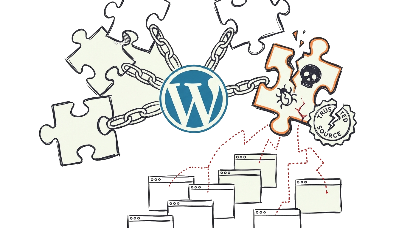 Abstracte illustratie van WordPress supply chain aanval: centraal WordPress.org plugin repository met 5 ge&iuml;nfecteerde plugin puzzle stukken highlighted in rood (Social Warfare, WP GDPR Compliance, Yellow Pencil, andere plugins), supply chain concept toont vertrouwde bron gecompromitteerd, malware code injectie spreidt via update mechanisme, 200K websites ge&iuml;nfecteerd teller, automatische plugin update systeem met trojaans paard binnenin, plugin developer account gehackt met gestolen credentials waarschuwing, backdoor installatie visualisatie, vertrouwen badge gebroken, WordPress admin dashboard met ge&iuml;nfecteerde plugins ge&iuml;nstalleerd, ripple effect toont &eacute;&eacute;n gecompromitteerde plugin infecteert duizenden sites, security scanner detecteert malicious code - visualiseert ernstig risico van vertrouwen zelfs offici&euml;le plugin repository wanneer supply chain is gecompromitteerd