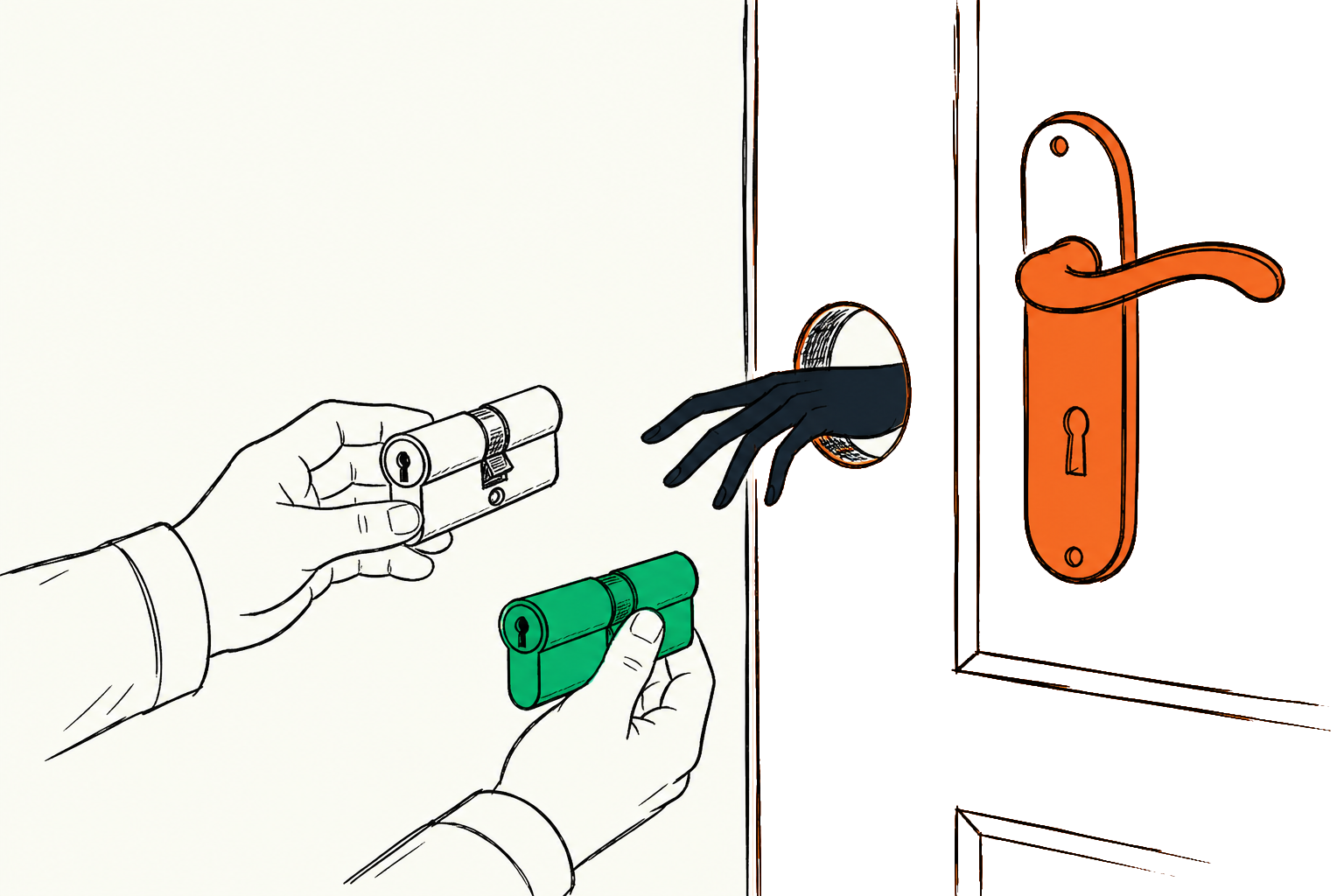 Slotenmaker wisselt een slot terwijl een vreemde hand door het lege slotgat reikt